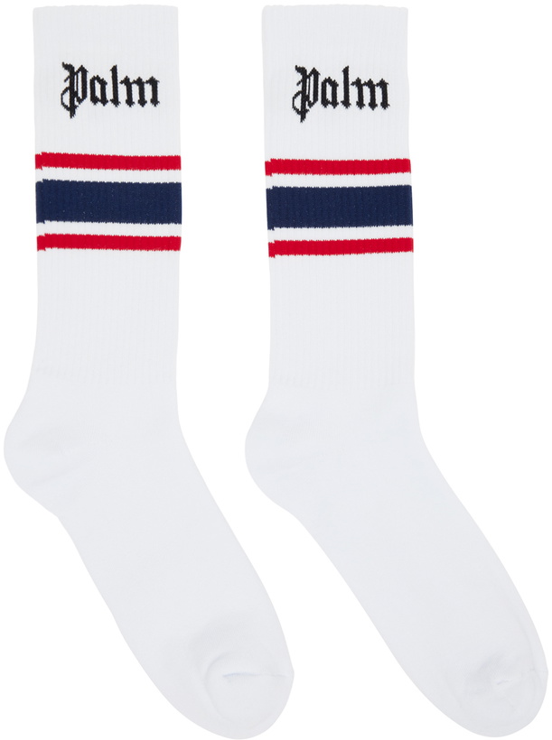 Photo: Palm Angels White Classic Logo Striped Socks