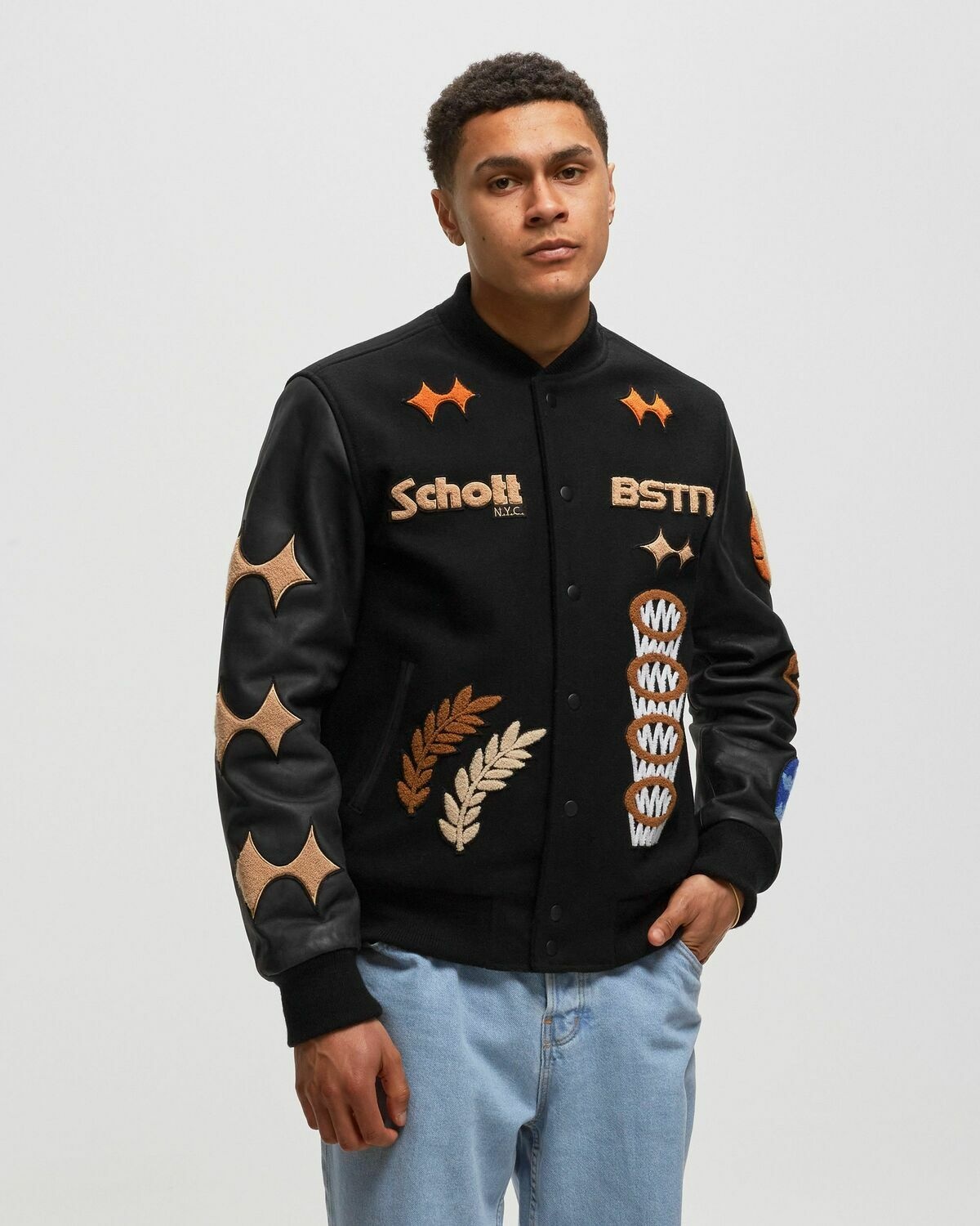 Bstn Brand Schott X Bstn Brand Thank You, Basketball Varsity Jacket Black/Multi - Mens - College Jackets