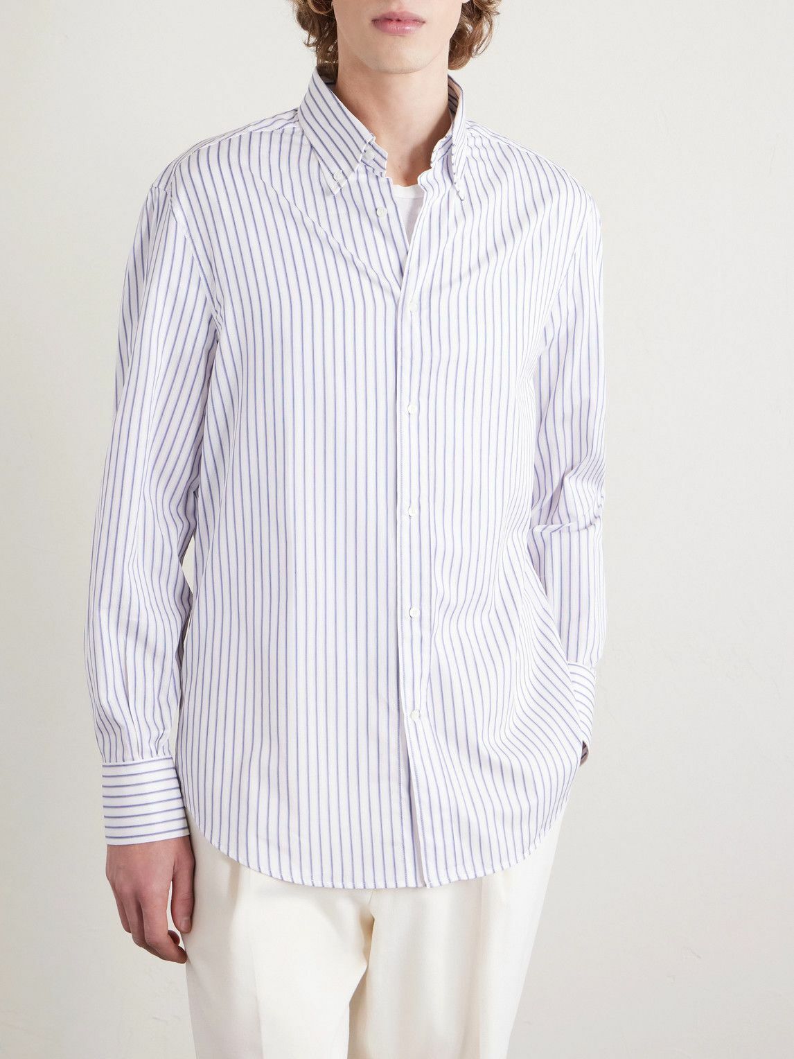 Brunello Cucinelli - Button-Down Collar Striped Cotton-Poplin Shirt - White
