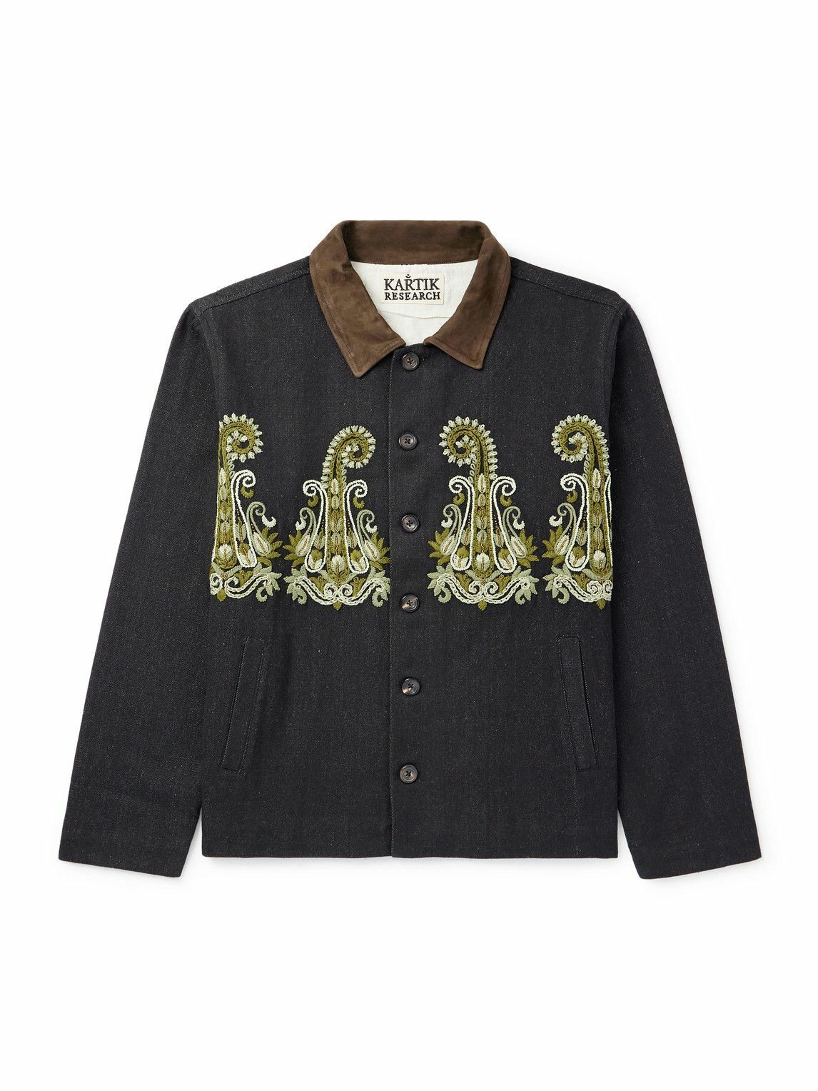Kartik Research - Embroidered Bead-Embellished Suede-Trimmed Denim Jacket - Black