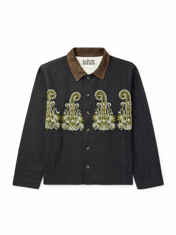 Photo: Kartik Research - Embroidered Bead-Embellished Suede-Trimmed Denim Jacket - Black