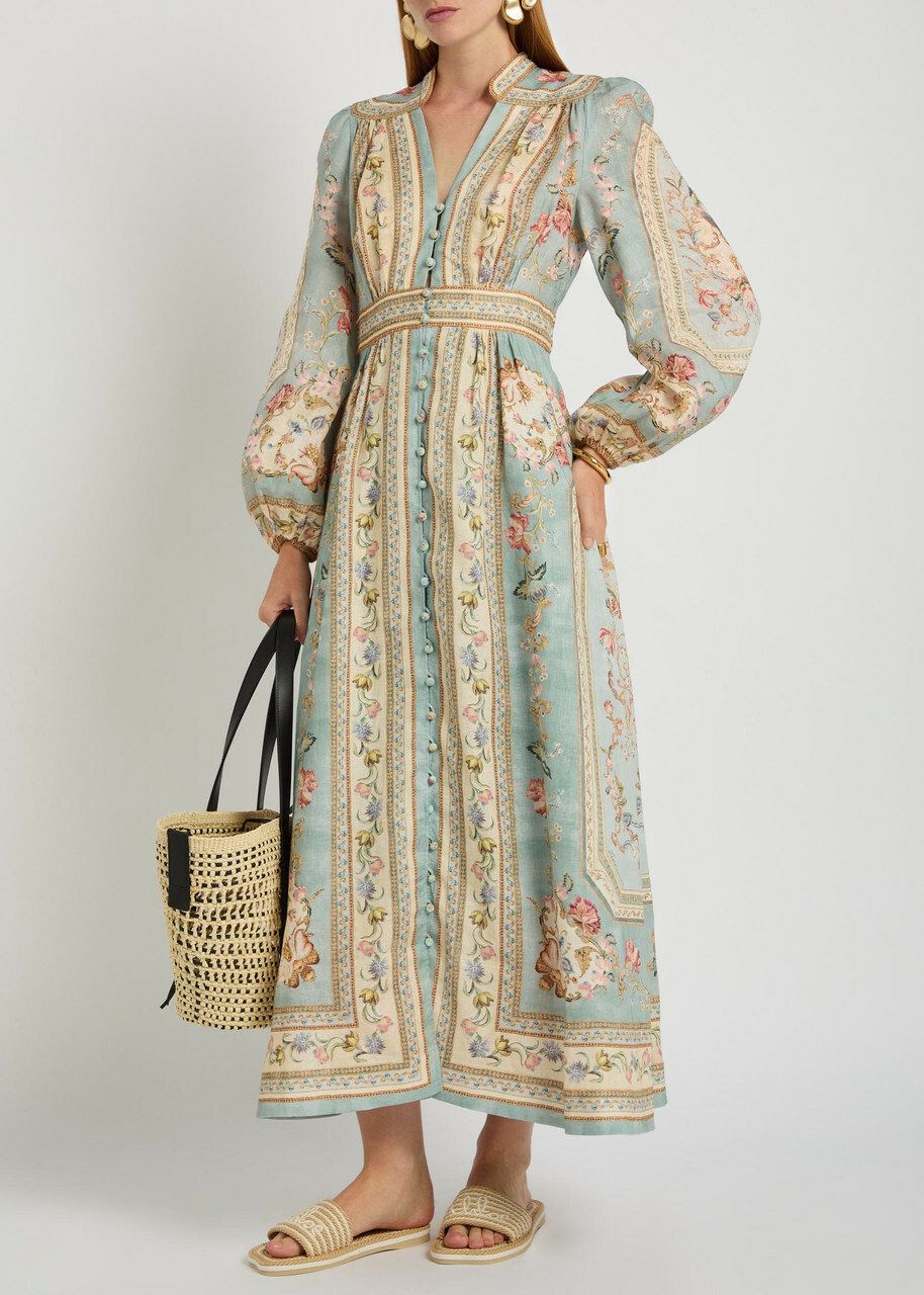 Zimmermann Roselight Printed Plunge Linen Midi Dress Blue