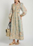 Zimmermann Roselight Printed Plunge Linen Midi Dress Blue