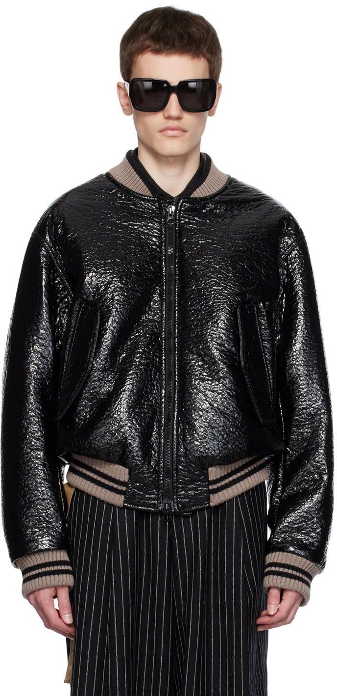 Dries Van Noten Black Crinkled Faux-Leather Bomber Jacket Dries Van Noten