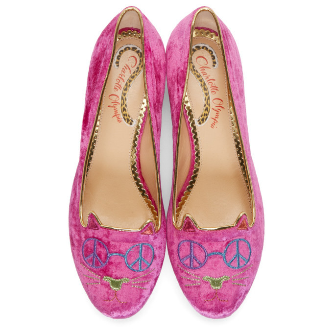 Charlotte Olympia Pink Velvet Peaceful Kitty Loafers Charlotte Olympia