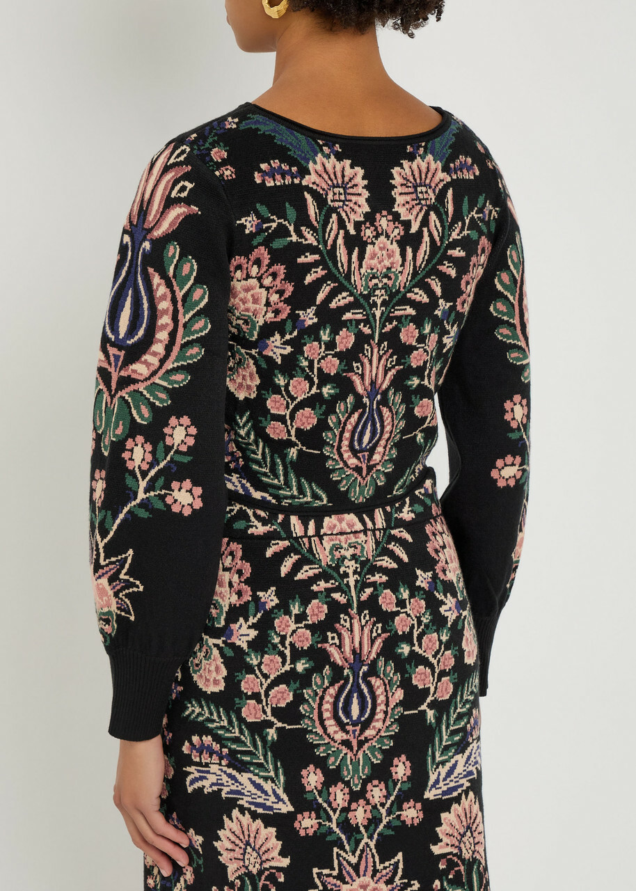 Farm Rio Marvelous Garden Floral-jacquard Knit Crop top Black