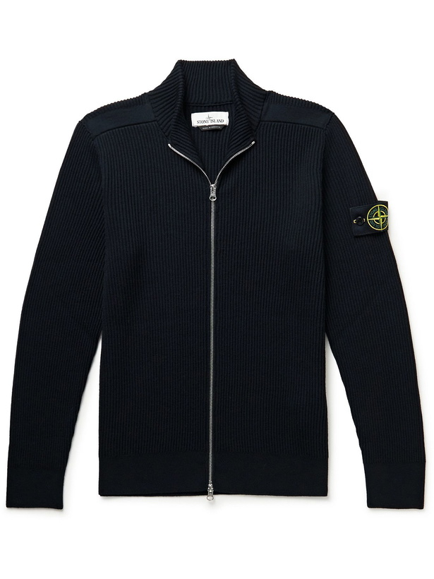 Photo: Stone Island - Slim-Fit Logo-Detailed Ribbed Wool Zip-Up Sweater - Blue