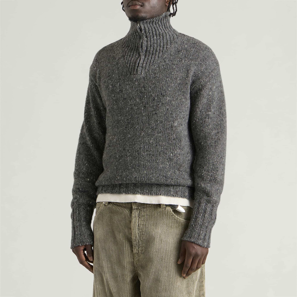 Auralee Men's Homespun Tweed Knit Zip Jumper in Grey