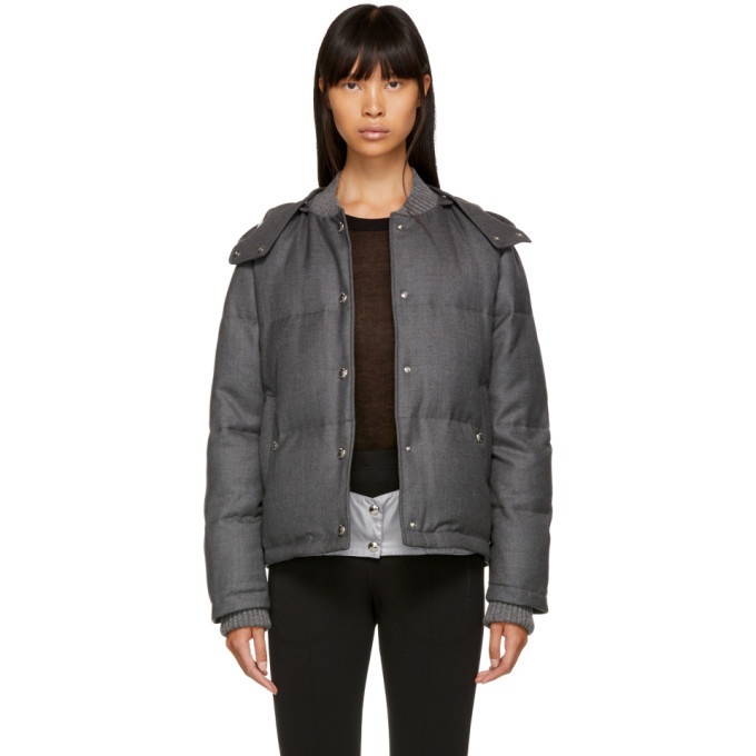 Photo: Thom Browne Grey Down Snap Front Hooded Bomber Jacket