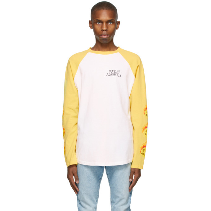 Photo: Palm Angels White and Yellow Smiley Edition Burning Head Long Sleeve T-Shirt