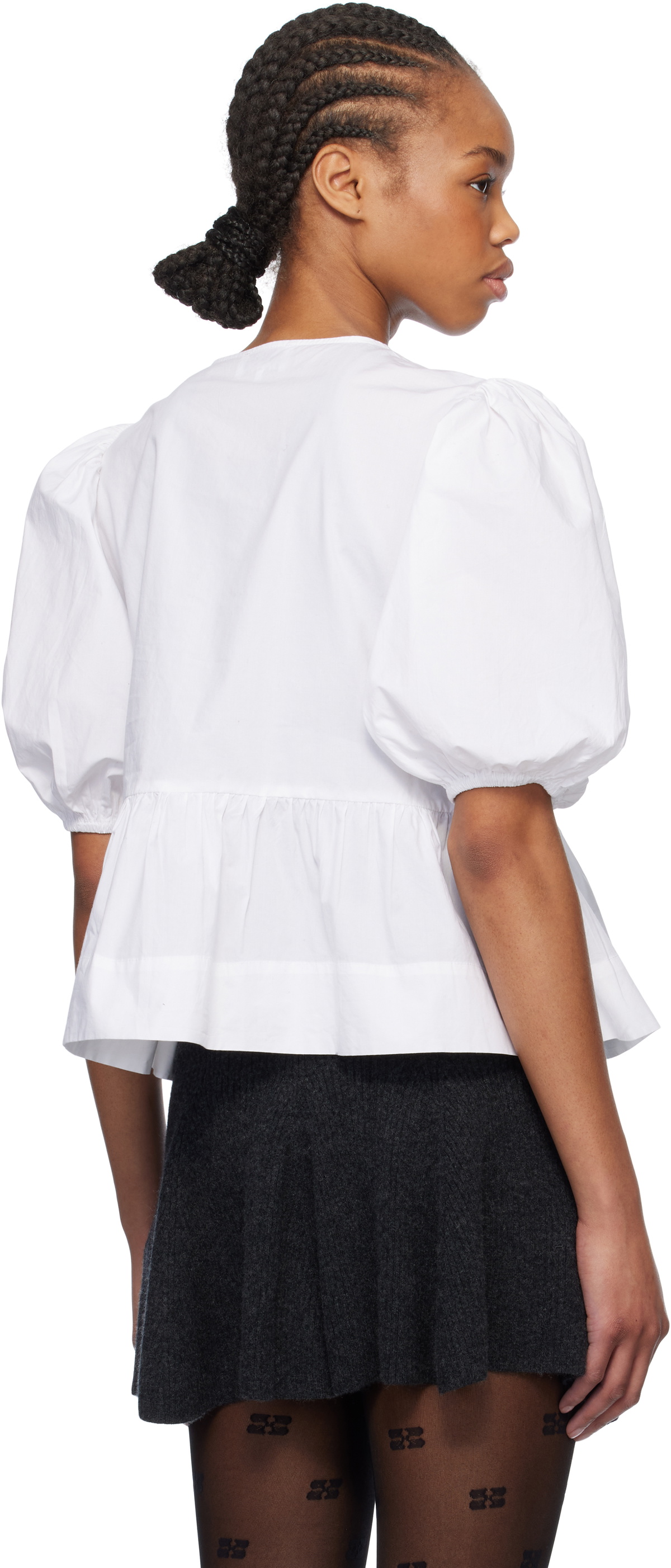 GANNI White Cotton Poplin Peplum Tie Blouse