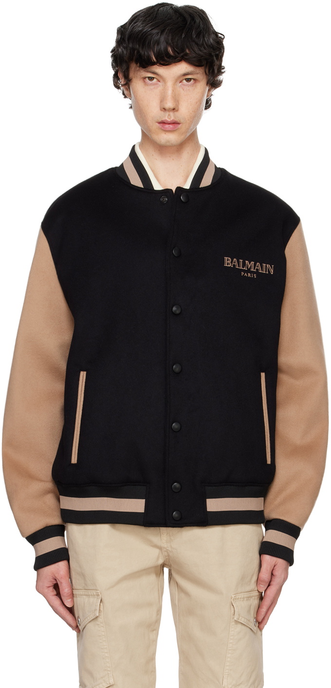 Balmain Black & Tan Two-Tone Varsity Bomber Jacket
