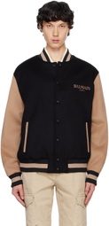 Balmain Black & Tan Two-Tone Varsity Bomber Jacket