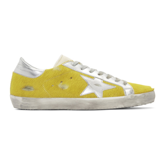 Photo: Golden Goose Yellow and Silver Calf Hair Superstar Sneakers
