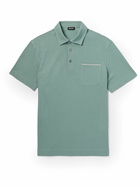 Zegna - Leather-Trimmed Cotton-Piqué Polo Shirt - Blue