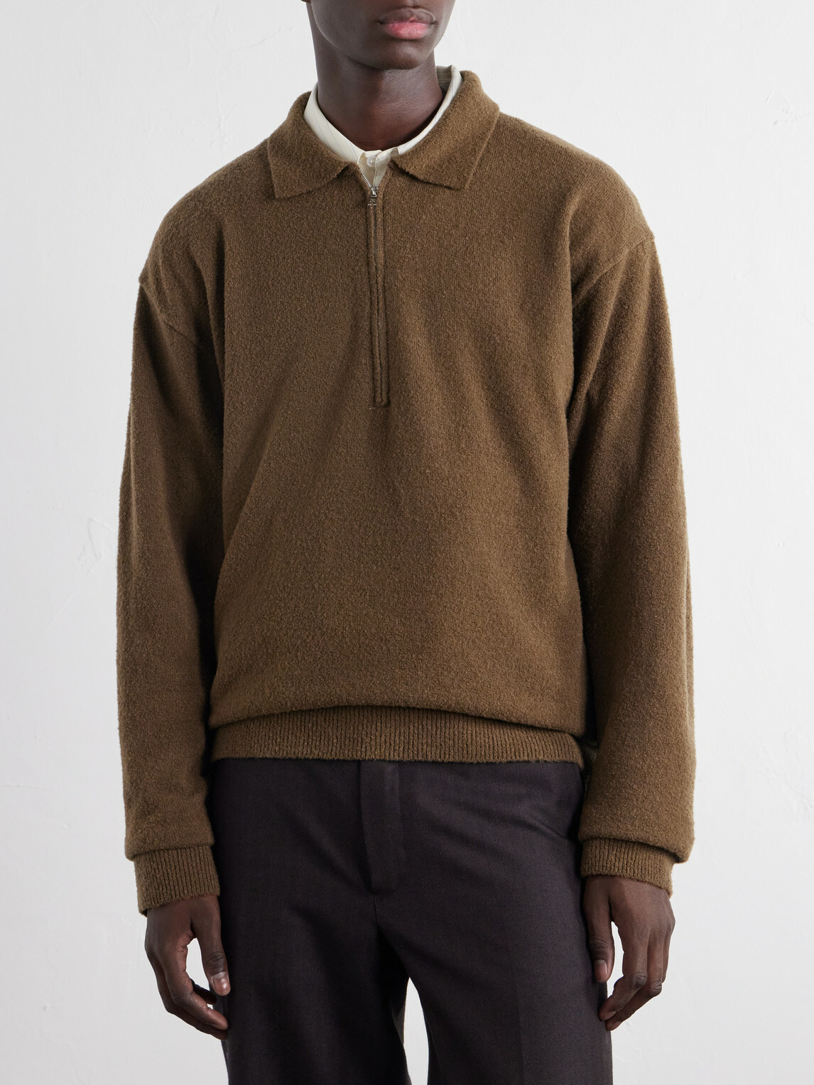 ATON - Wool-Blend Half-Zip Polo Sweater - Brown