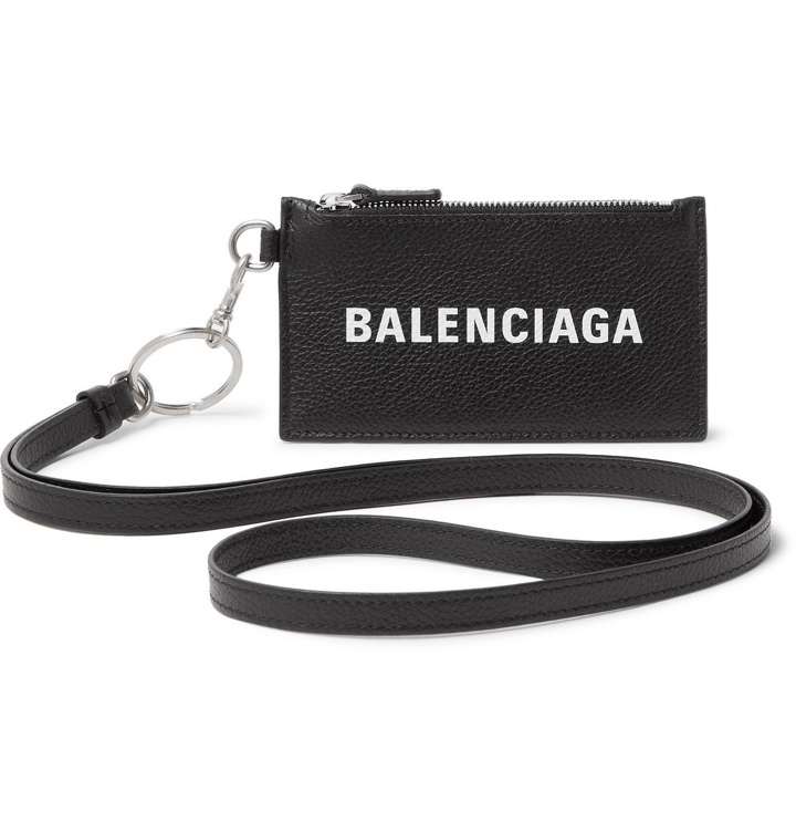 Photo: BALENCIAGA - Logo-Print Full-Grain Leather Cardholder with Lanyard - Black