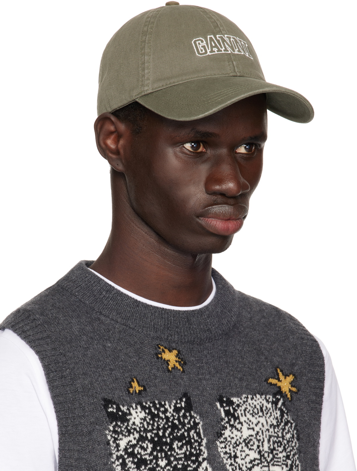 GANNI Khaki Embroidered Logo Cap