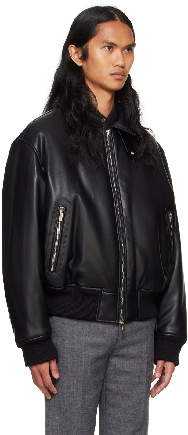 System Black Padded Faux-Leather Bomber Jacket