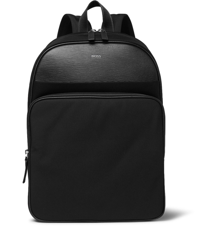 Photo: Hugo Boss - Meridian Cross-Grain Leather-Trimmed Canvas Backpack - Black