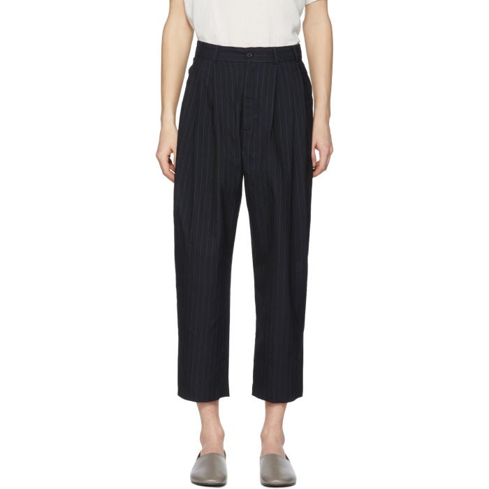 Photo: Hed Mayner Navy Pinstripe Pleated Trousers