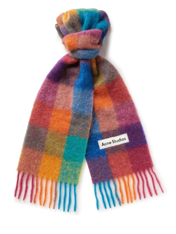 Photo: Acne Studios - Fringed Logo-Appliquéd Checked Knitted Scarf