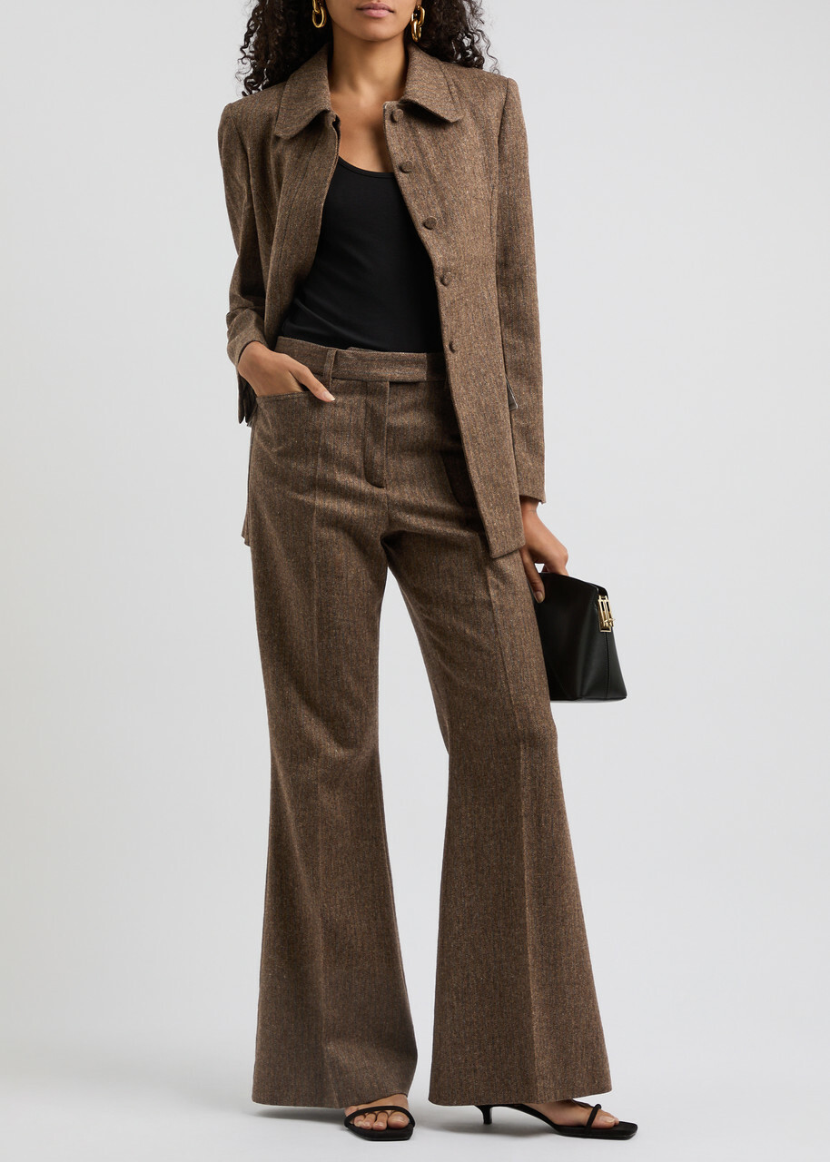 Remain BY Birger Christensen Herringbone Flared-leg Wool Trousers Khaki