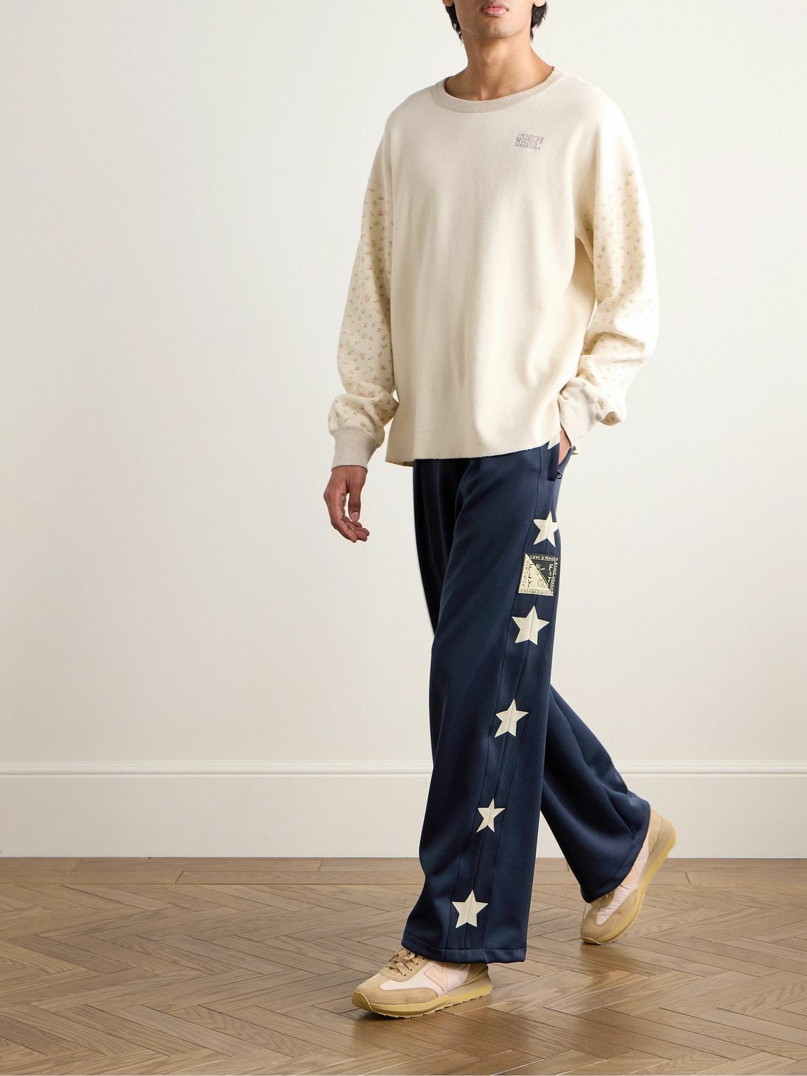 KAPITAL - Wide-Leg Pleated Logo-Appliquéd Tech-Jersey Jacquard Track Pants - Blue