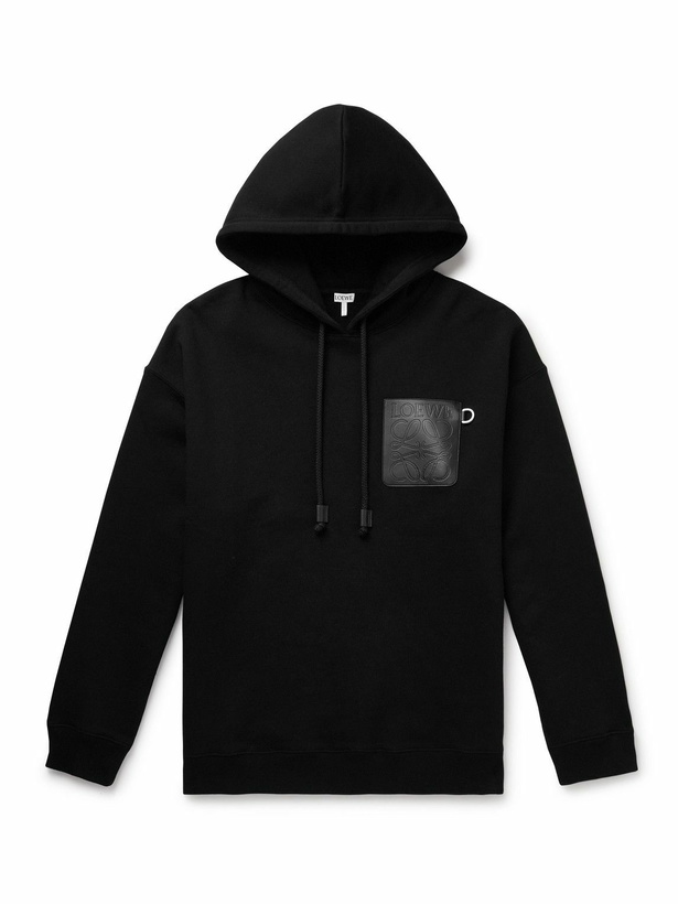 Photo: LOEWE - Logo-Debossed Leather-Trimmed Cotton-Jersey Hoodie - Black