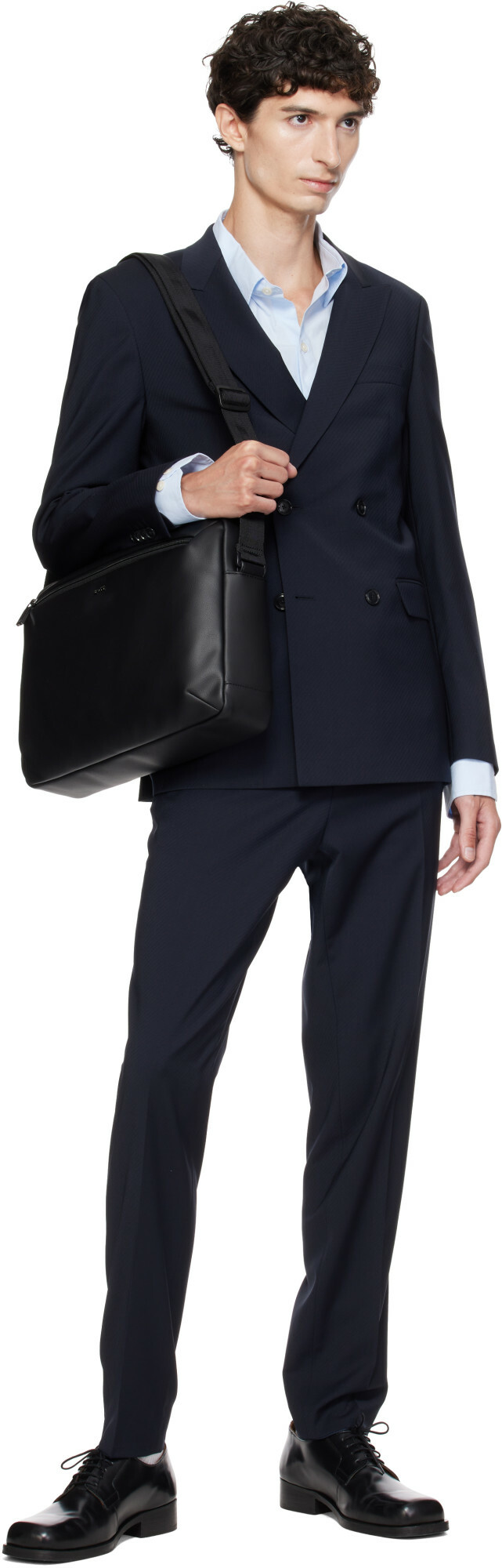 BOSS Navy Slim-Fit Micro-Patterned Stretch Wool Trousers