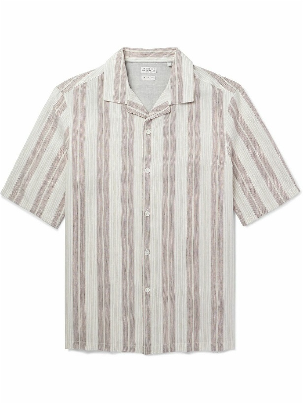 Photo: Brunello Cucinelli - Camp-Collar Striped Linen and Lyocell-Blend Shirt - Neutrals