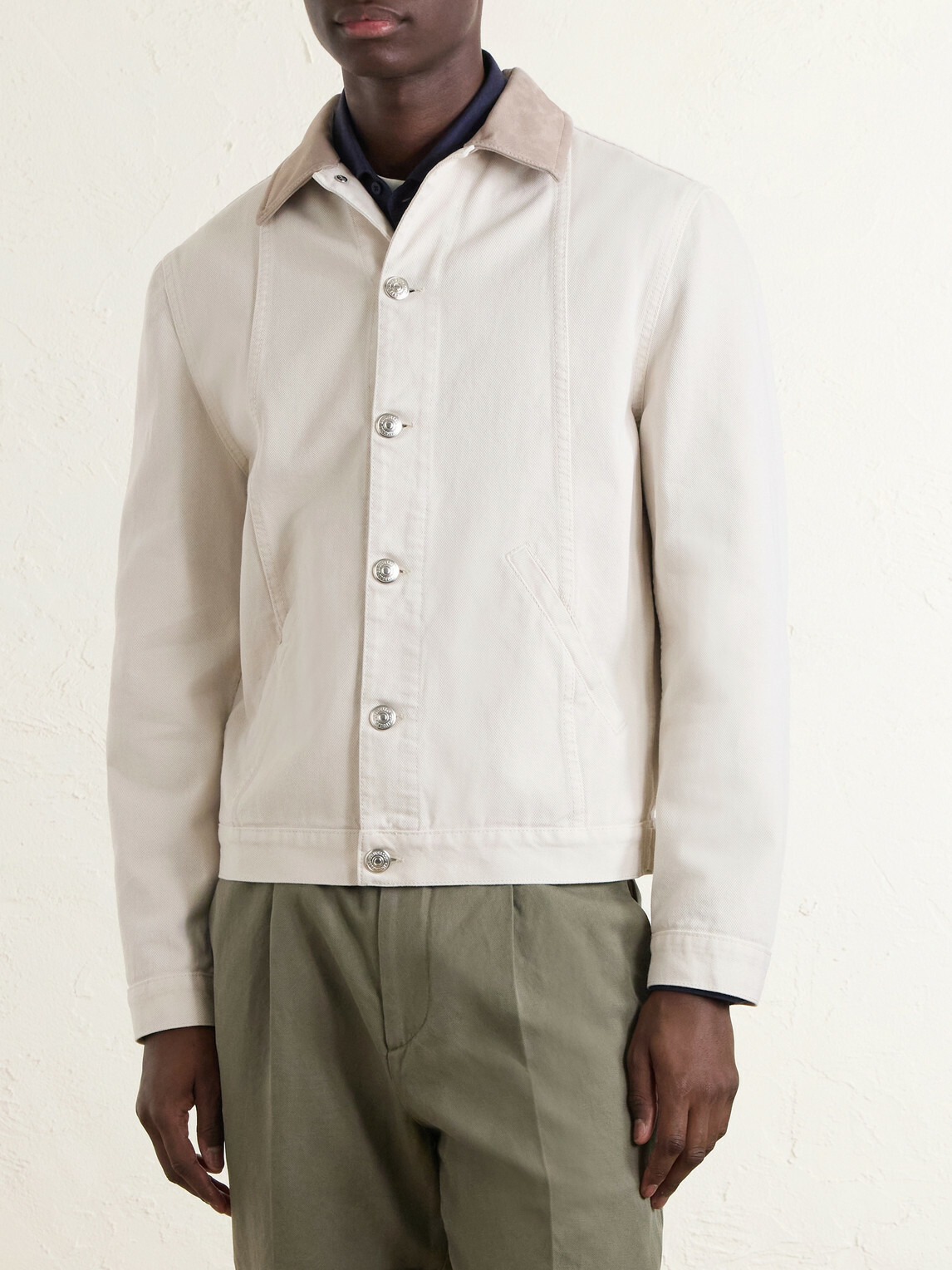 Brunello Cucinelli - Leather-Trimmed Denim Jacket - Neutrals