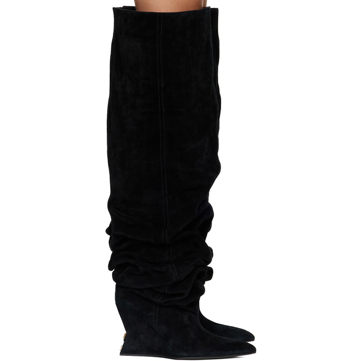 Photo: BALMAIN Black Suede Leather Wedge Thigh-High Boots