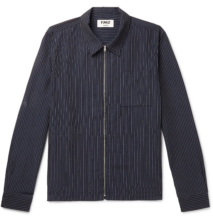 Photo: YMC - Bowie Pinstriped Cotton and Linen-Blend Zip-Up Overshirt - Blue