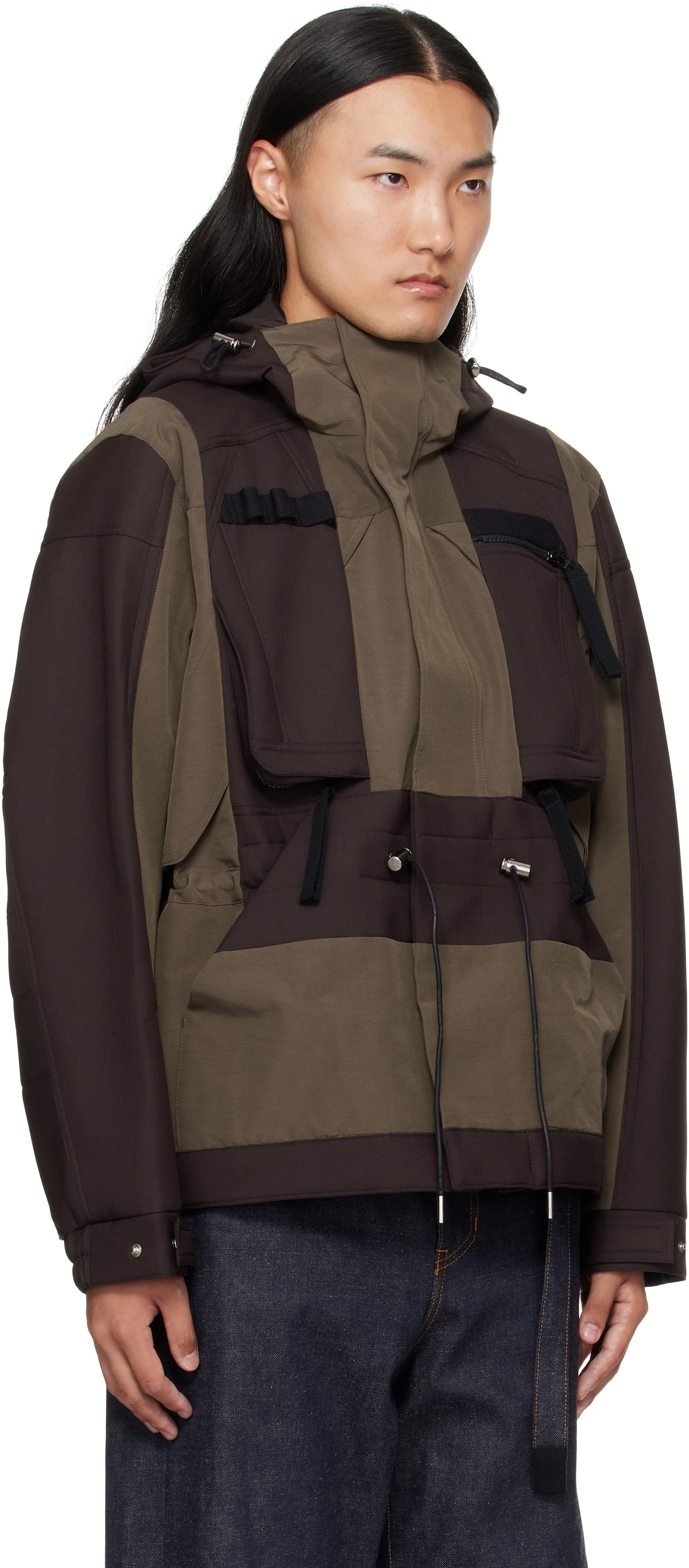 sacai Brown & Khaki Suiting Bonding Grosgrain Jacket