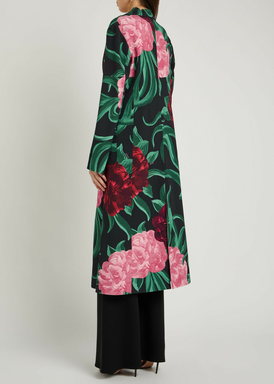 LA Double J Duster Floral-print Sablé Satin Coat Beige