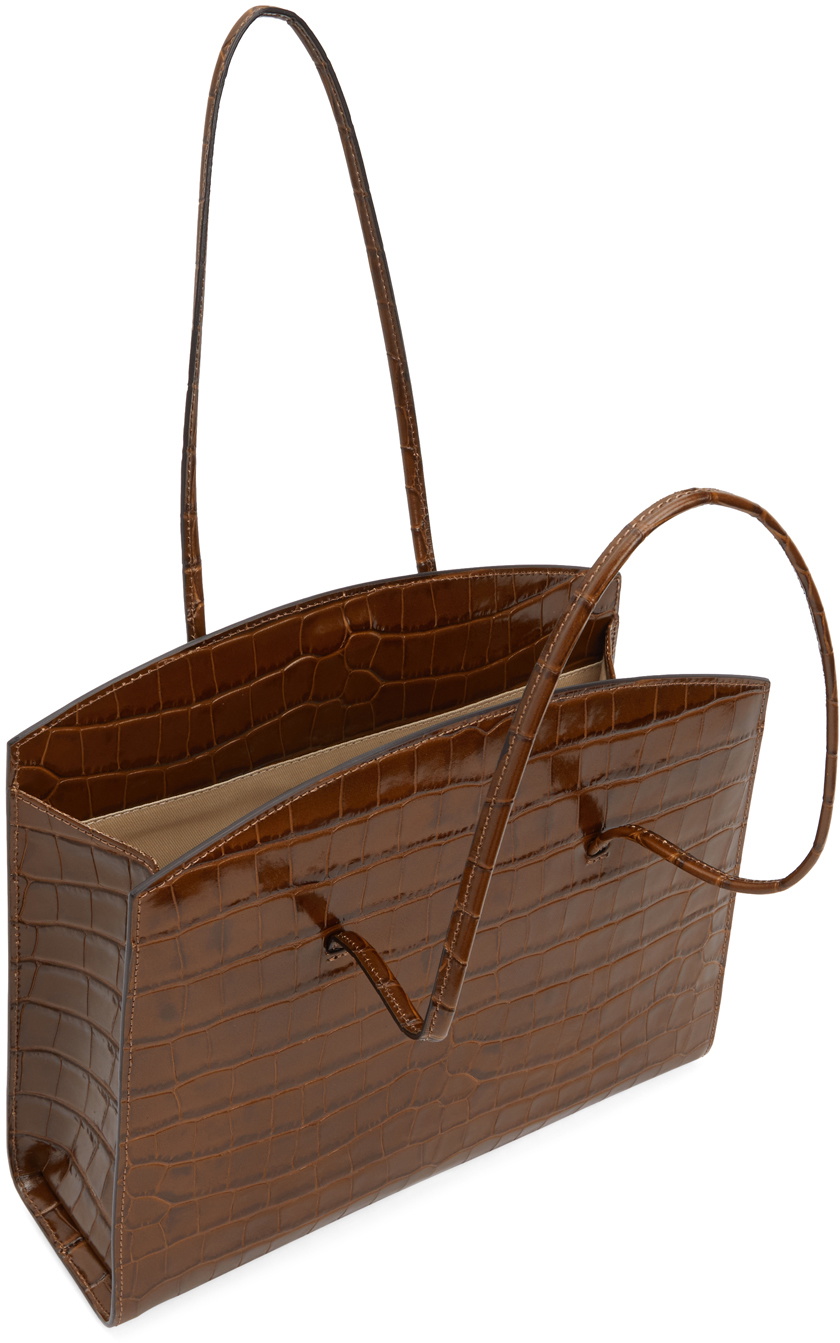 Little Liffner Slanted Croc Mini Tote Bag in Brown