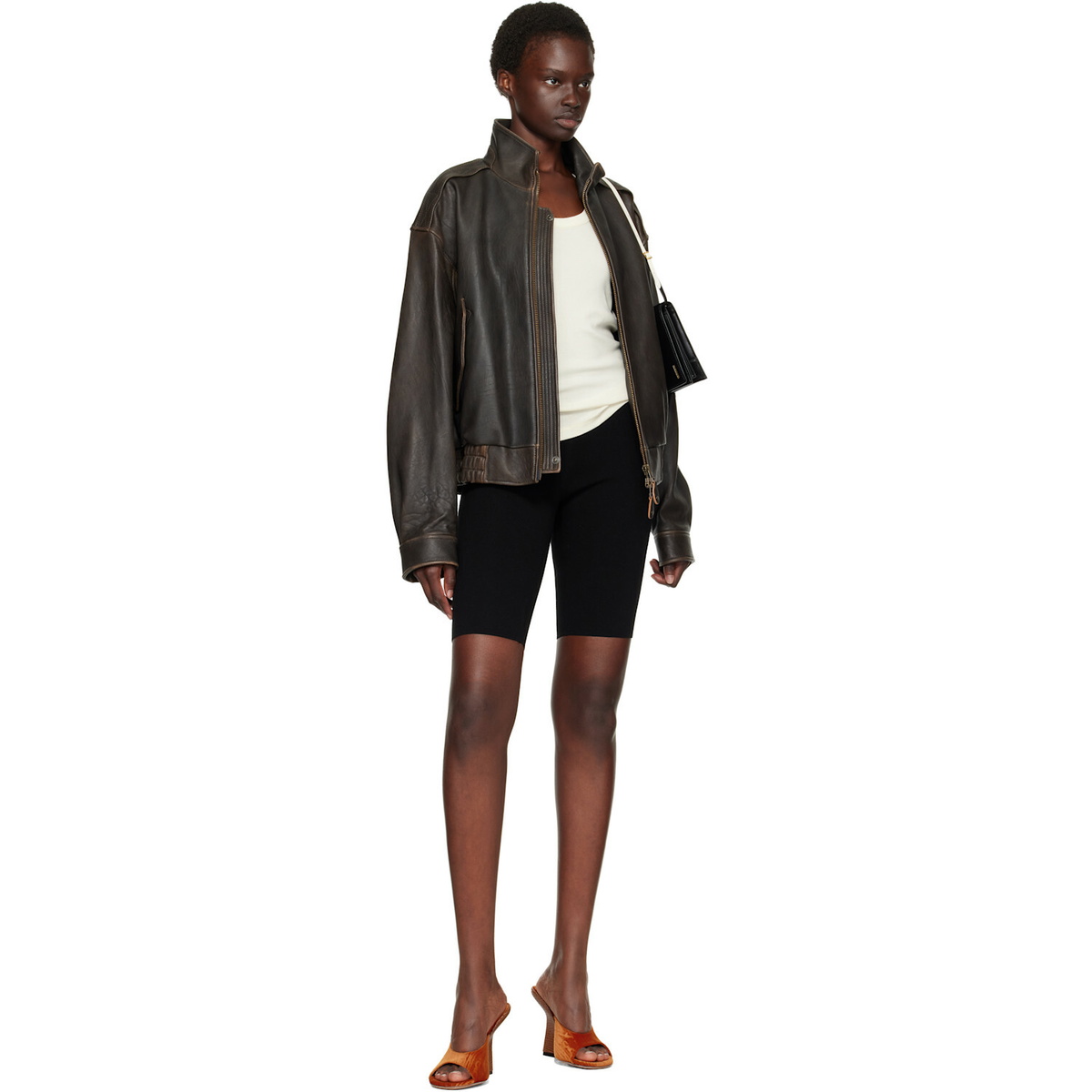 COOR Brown Vintage Shelter Neck Collar Leather Jacket