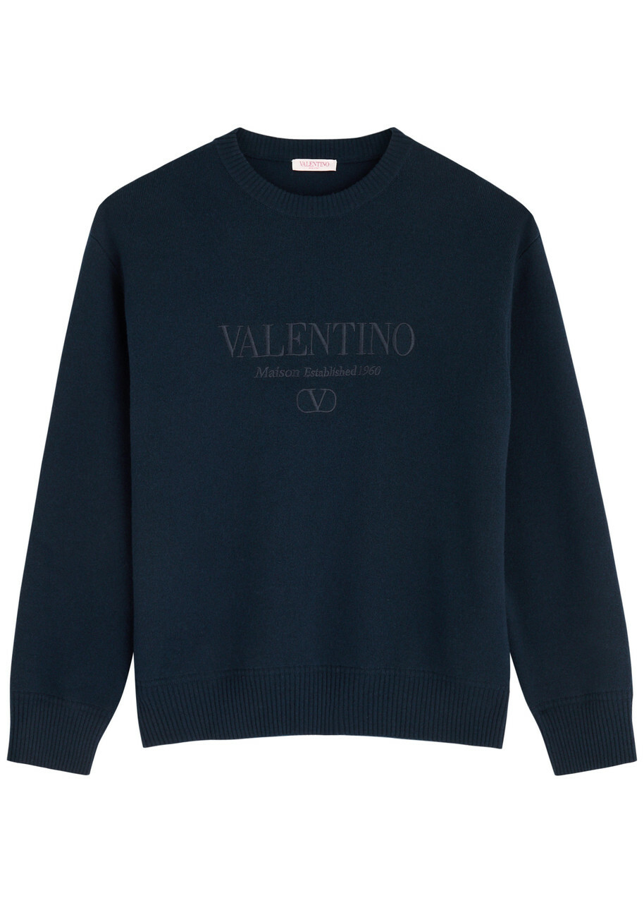 VALENTINOヴァレンチノ文字ロゴウールセーターブルー白赤XS（7号位） Valentino Logo-embroidered Wool Jumper Navy Valentino