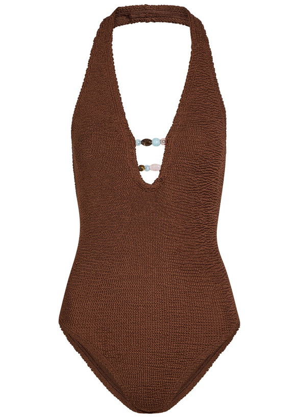 Photo: Hunza G Adriana Beaded Crinkle Swimsuit - Brown - One Size