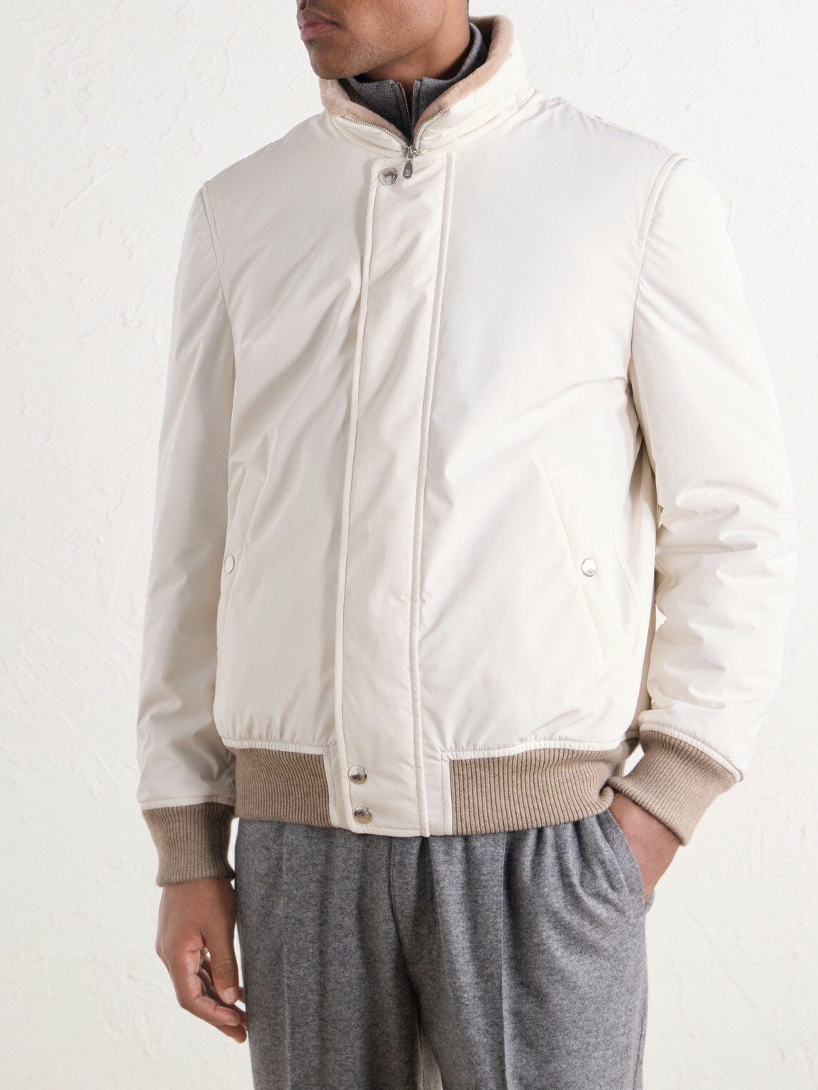 Brunello Cucinelli - Rib-Trimmed Shell Blouson Jacket - White