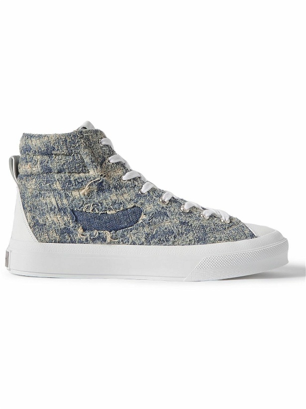 Photo: Givenchy - City Leather-Trimmed Distressed Denim High-Top Sneakers - Blue