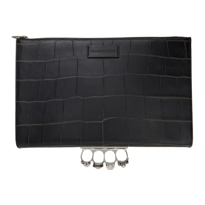 Photo: Alexander McQueen Black Croc Skull Jewelled Flat Pouch