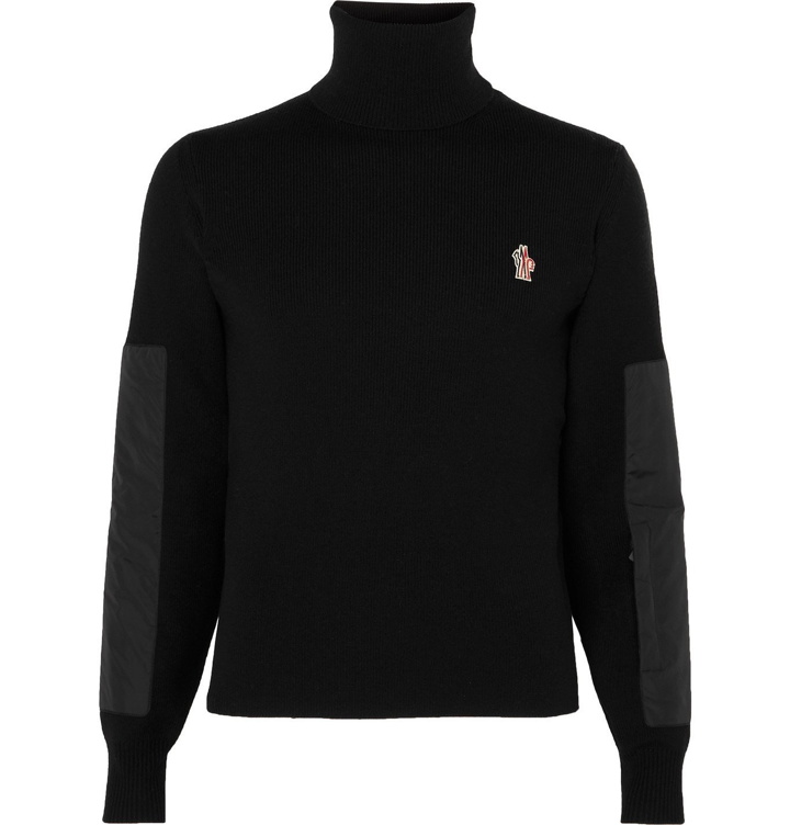 Photo: Moncler Grenoble - Logo-Appliquéd Padded Shell-Trimmed Ribbed Wool-Blend Roll-Neck Sweater - Black
