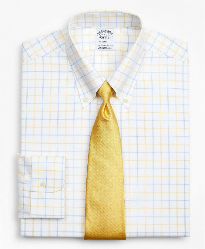 Photo: Brooks Brothers Men's Stretch Regent Regular-Fit Dress Shirt, Non-Iron Poplin Button-Down Collar Double-Grid Check | Yellow