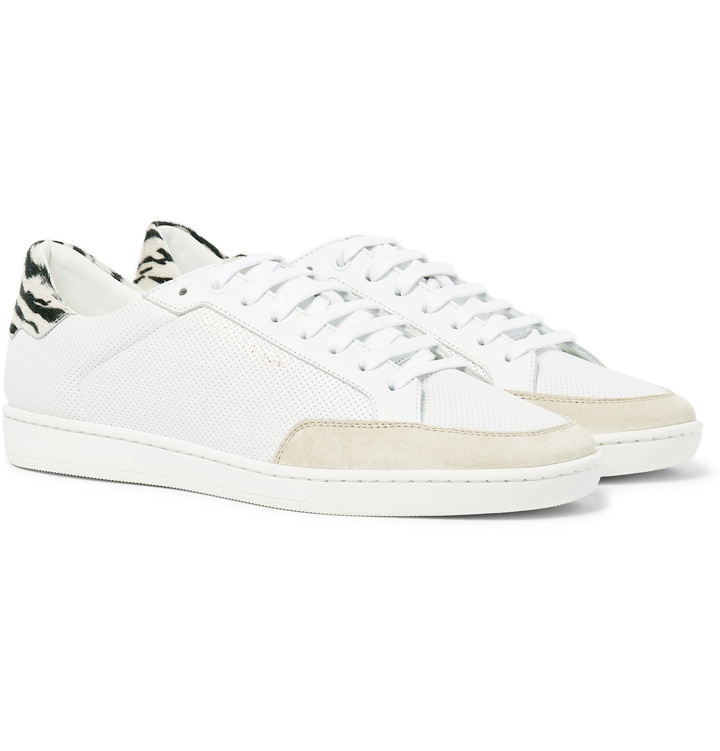 Photo: SAINT LAURENT - SL/10 Suede-Trimmed Perforated Leather Sneakers - White