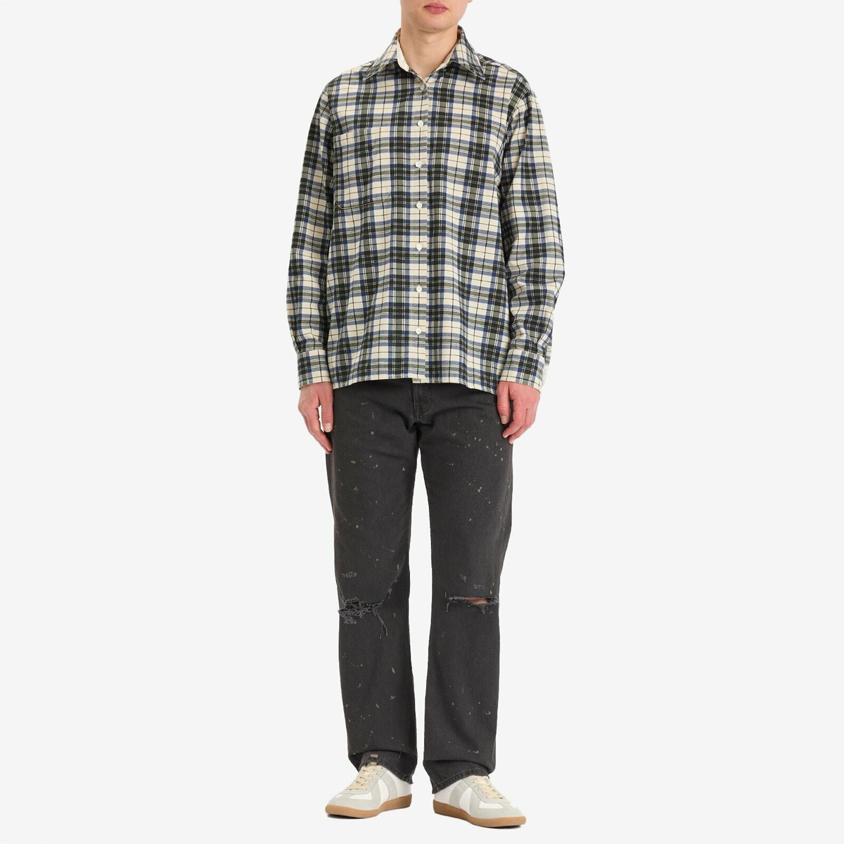 MM6 チェックシャツ MM6 Maison Margiela Men's Reversible Plaid Check Shirt in Black