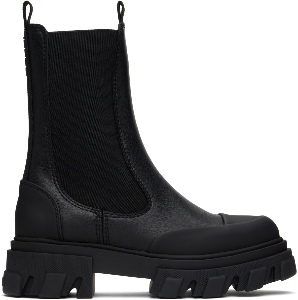 GANNI｜BOOTS (BLACK CLEATED HEELED MID CHELSEA BOOT (S27 Ganni cleated mid Chelsea boots black patent leather | Pipe