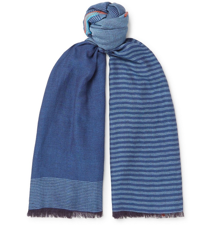 Photo: Paul Smith - Fringed Striped Cotton-Twill Scarf - Blue