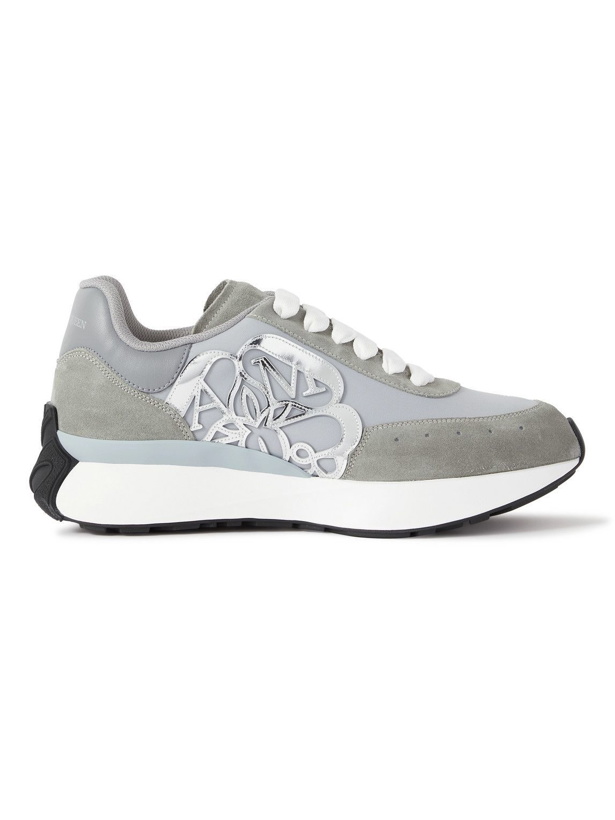 Photo: Alexander McQueen - Sprint Runner Exaggerated-Sole Appliquéd Leather and Suede Sneakers - Gray